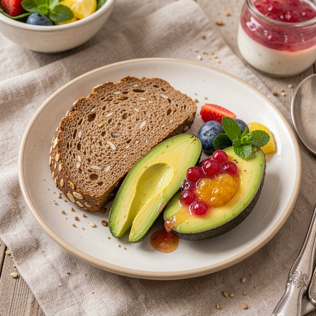 Hälsosam frukost med fullkorn och frukt